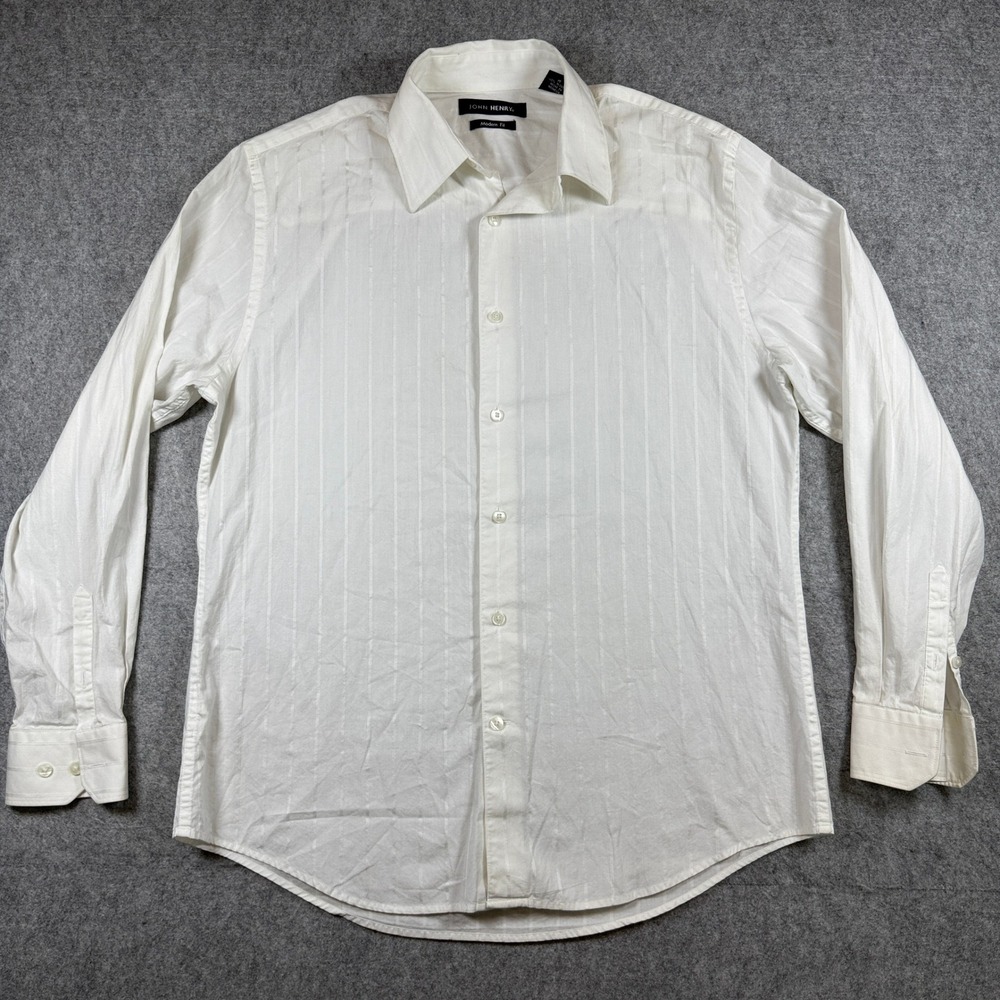 John Henry Mens Modern Fit Button Down Shirt Medium White Tonal Stripe Cotton